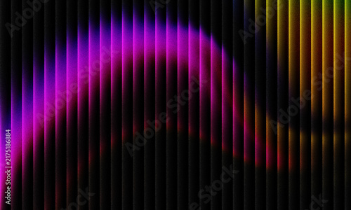 Abstract Glowing Purple And Yellow Light Wave Behind Dark Vertical Stripes Pattern Background With Grainy Noise Texture For Modern Digital Graphic Web Design Project