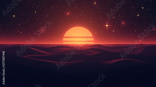 Retro Sunset Over Ocean Waves with Starry Night Sky.