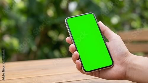 Hand holding smartphone with green screen outdoors