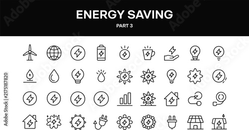 Energy saving line icons pack featuring renewable solar power wind electricity eco house and sustainable environment symbols vector