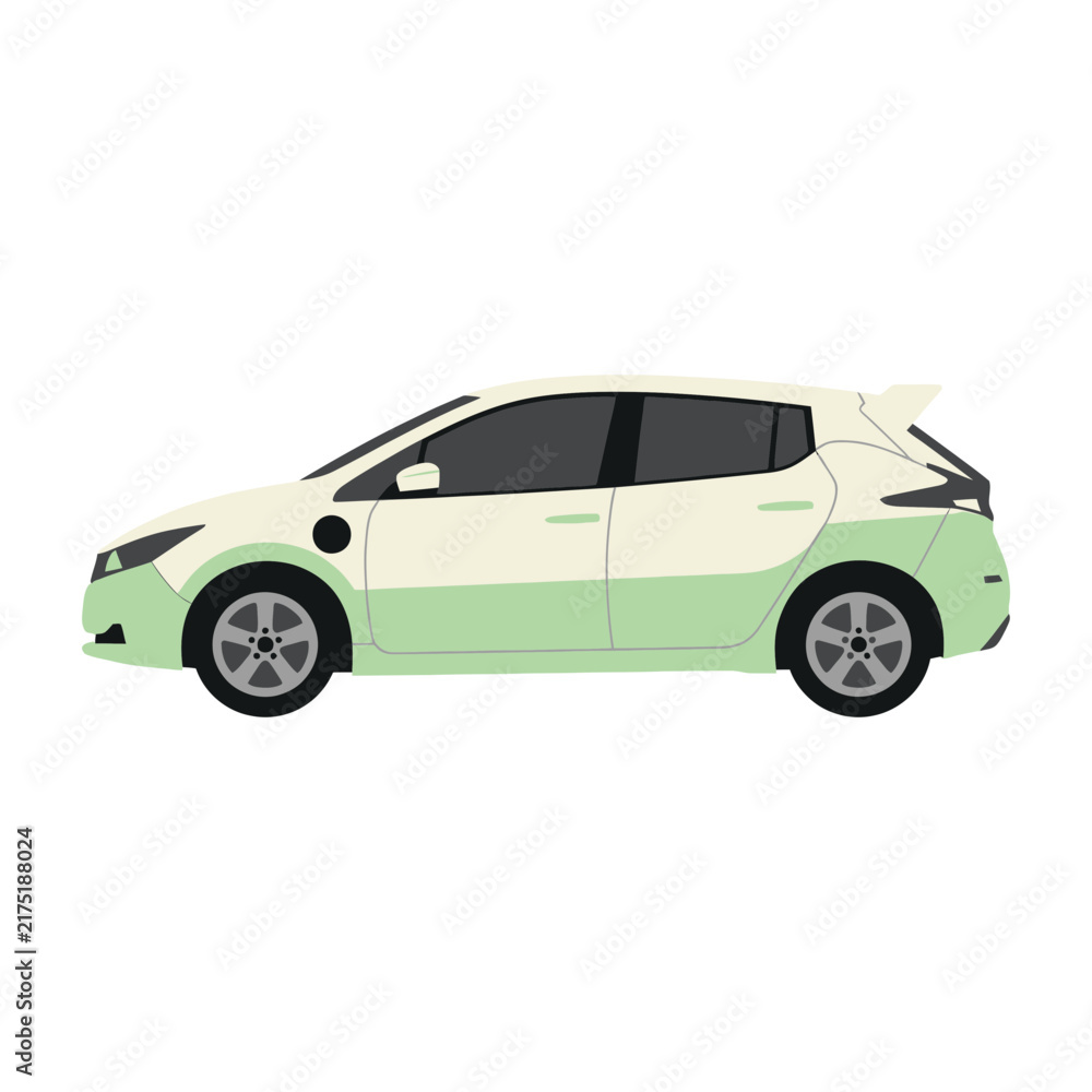 Fototapeta premium Green and White Compact Hybrid Car Side View Isolated on White Background