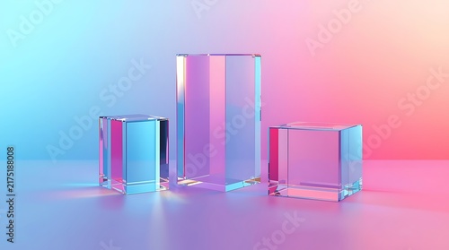 Abstract Geometric Glass Display with Colorful Gradient Background.