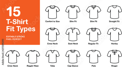 T shirt fit types outline icons set featuring different garment collar sleeve neck options fashion design