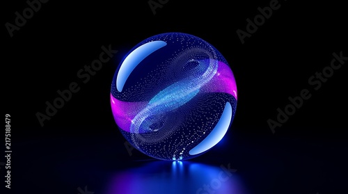 Abstract Glowing Sphere with Neon Light on Black Background.