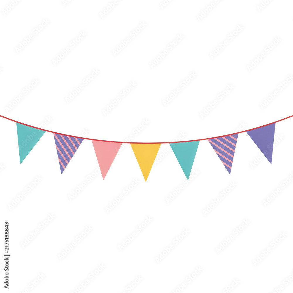 Fototapeta premium Colorful triangular bunting flags hanging on a thin red string for party decorations and festive celebrations isolated on a transparent background