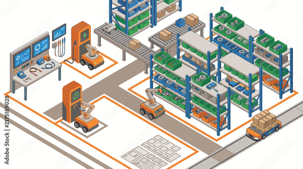 Fototapeta premium Isometric illustrations of industrial buildings and machinery in green and gray.