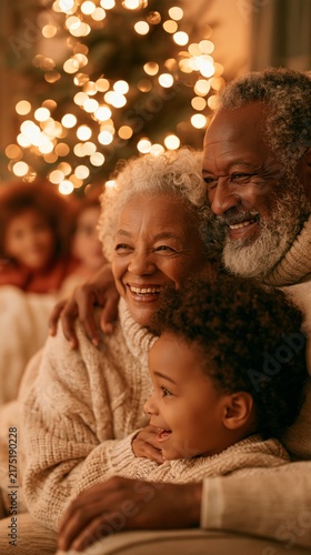 Multigenerational Family Sharing a Warm Christmas Moment at Home with Grandparents and Grandchildren Laughing Together Beside a Christmas Tree
