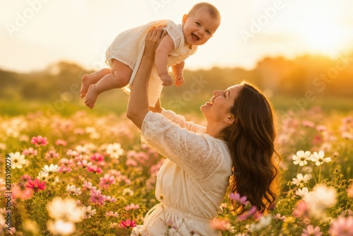 Joyful couple embracing in a blooming flower field at golden hour
