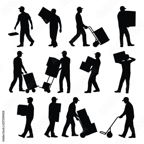 Set of black silhouettes of delivery workers and movers carrying cardboard boxes, using hand trucks, and transporting packages for logistics and shipping services