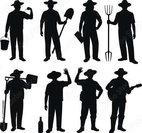 Set of black silhouettes of farmers and gardeners wearing hats and holding agricultural tools like shovels, pitchforks, and buckets on a plain white background