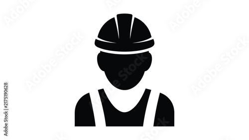 Simple black silhouette of a construction worker wearing a hard hat and safety vest, isolated symbol on a white background, for industrial use