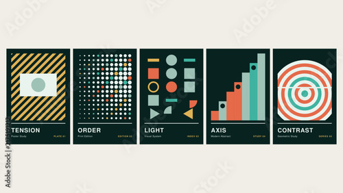 Tension, order, light, axis, contrast, a series of five abstract posters featuring geometric patterns, stripes, dots, and circular shapes