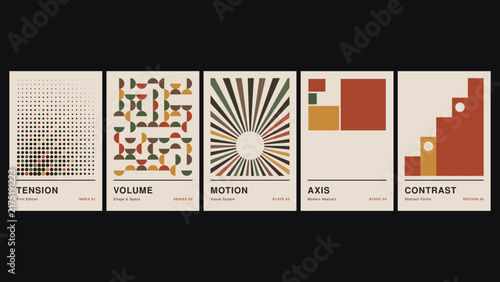 Tension, volume, motion, axis, contrast, a set of five minimalist posters featuring geometric shapes, dot grids, and warm color tones