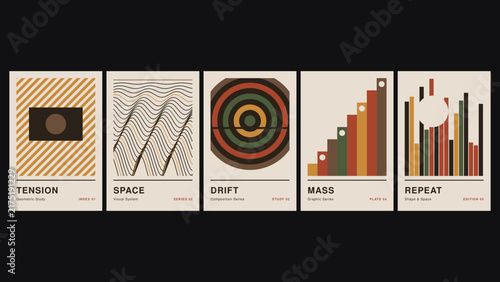 Tension, space, drift, mass, repeat, five abstract posters with diagonal lines, wavy patterns, concentric circles, and vertical bar graphs