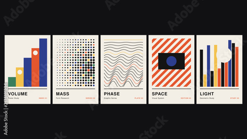 Volume, mass, phase, space, light, a collection of five minimalist posters featuring geometric bars, dots, lines, and patterns in bold colors