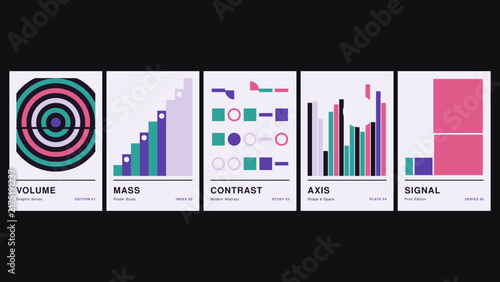 Volume, mass, contrast, axis, signal, five abstract posters with concentric circles, bar graphs, geometric shapes, and vertical lines