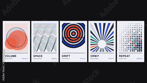 Volume, space, drift, orbit, repeat, a collection of five minimalist posters featuring geometric shapes and patterns on a white background