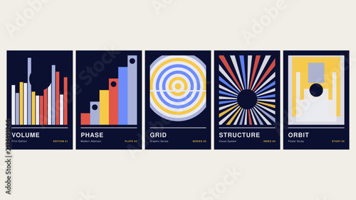 Volume, phase, grid, structure, orbit, five minimalist posters featuring dark blue backgrounds with yellow, red, and blue geometric shapes