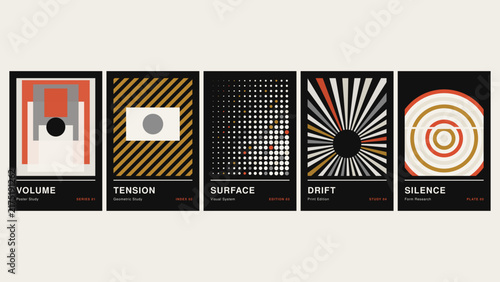 Volume, tension, surface, drift, silence, five minimalist posters showcasing geometric shapes, radial lines, and circular patterns