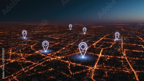 Glowing map pins hover above a sprawling, illuminated cityscape at dusk
