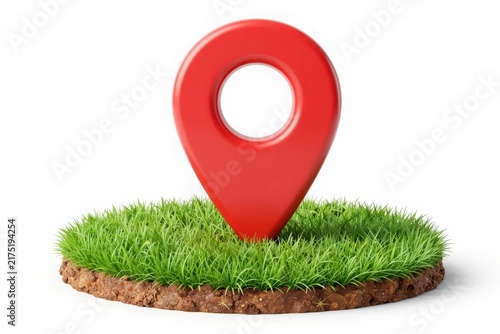 Red map pin location icon stands in green grass patch on white background.