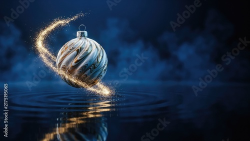 Swirling gold and white christmas ornament above dark blue water