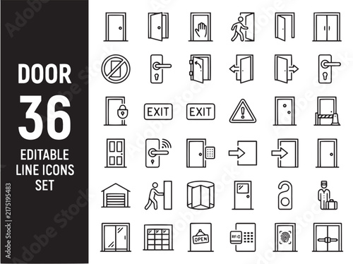 Door 36 Line Icons Set – Entrance, Exit, Open Closed Door, Doorway Editable Stroke Outline Vector

