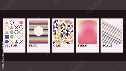 Flux, grid, field, scale, a series of five minimalist posters featuring geometric shapes, colorful patterns, and abstract compositions