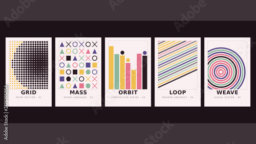 Grid, mass, orbit, loop, weave, a collection of five minimalist posters featuring geometric shapes, patterns, and colorful bar charts