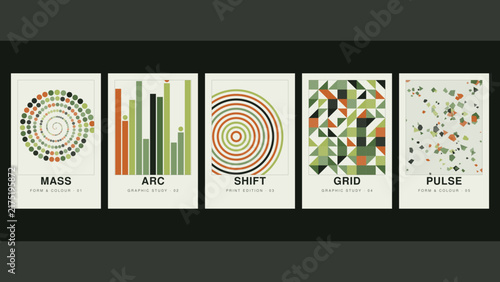 Mass, arc, shift, grid, pulse, a collection of five minimalist geometric posters featuring circles, bar charts, concentric rings, and patterns