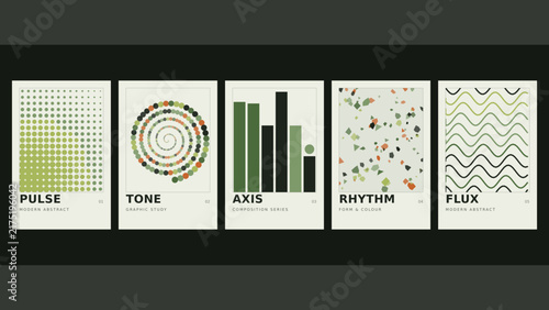 Pulse, tone, axis, rhythm, flux, a set of five minimalist posters featuring green and orange geometric patterns on a light cream background