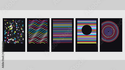 Set of five abstract posters featuring colorful geometric patterns, wavy lines, horizontal stripes, concentric circles, and floating shapes