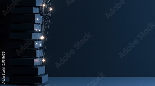 A stack of dark blocks connected by glowing lines against a deep blue background
