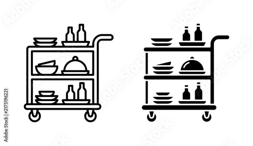 Service Trolley Icons, Food Cart Vector Graphics, Catering Equipment Line Art, Restaurant Service Tools