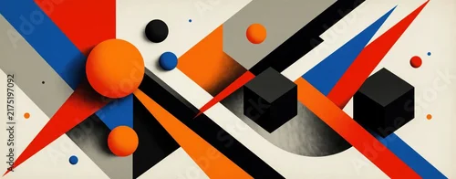 Panel kuchenny z motywem Abstract geometric composition with bold shapes, vibrant colors. Dynamic 3D black cubes, orange spheres interact with sharp red, blue lines. Modern minimalist art background featuring creative