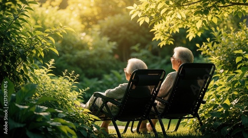 Two elderly senior women sit in black garden chairs outdoors. Enjoy sunny morning in rich green backyard. Mature female friends relax among plants, trees during summer. Peaceful retirement lifestyle