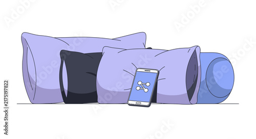 Vector illustration of bed pillows and a smartphone with a network icon, symbolizing digital connectivity and relaxation.