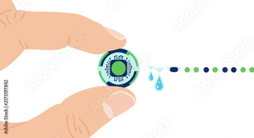 Hand holding smart biochip sensor for wearable health technology and medical data monitoring illustration