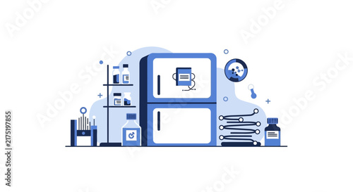 Medical Laboratory Illustration with Science Equipment and Cold Storage Refrigerator