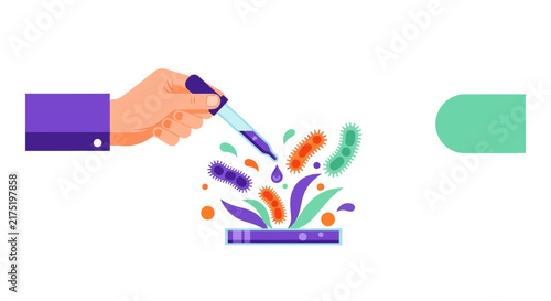Flat vector illustration of hand using pipette on bacteria in petri dish. Scientific research, microbiology testing, and medical vaccine development concepts.