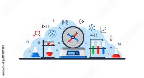 Flat vector laboratory illustration featuring chemical glassware, a centrifuge, and scientific formulas. Ideal for STEM education and research concepts.