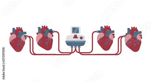 Medical Illustration of Human Hearts Connected to a Central Monitoring Station