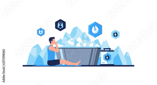Man Practicing Cold Water Therapy in Ice Bath Vector Illustration