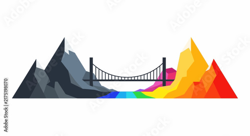 Geometric Bridge Connecting Gray and Vibrant Colorful Mountains, Abstract Conceptual Landscape