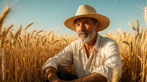 Farmer in straw hat sits in golden wheat field. Bearded man wears white shirt, looks away thoughtfully. Mature male gazes over ripe crop under clear blue sky.