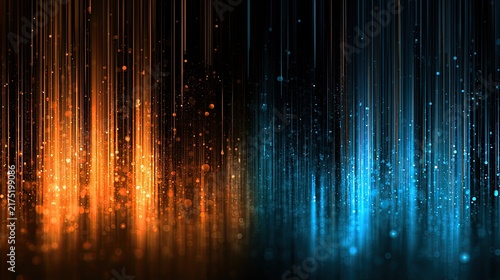 Abstract curtain of light streams, orange and blue, with floating particles