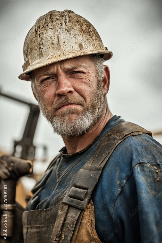 Fototapeta premium people of ai, industrial blonde oil platform worker in dirty helmet, portrait, beard and a serious expression, photorealistic