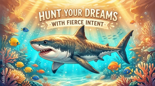 Aggressive shark with open mouth swimming underwater with colorful fish and coral reef, inspirational quote 