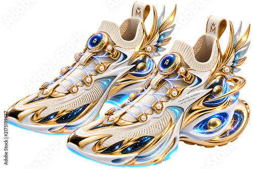 Futuristic Luxury Gold and Blue Winged Sneakers Isolated on White Background