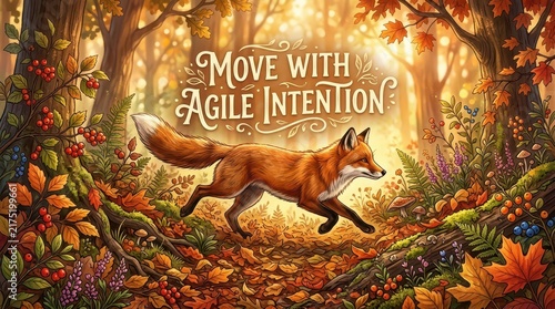 Agile Fox Running Through Autumn Forest, Embracing Movement with Intention Amidst Fall Foliage